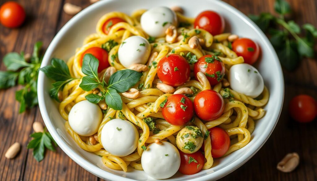 pesto pasta salad with mozzarella