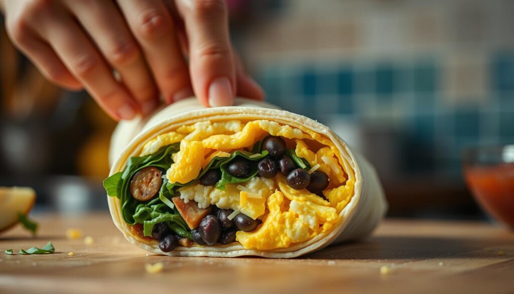 high protein breakfast burrito rolling technique